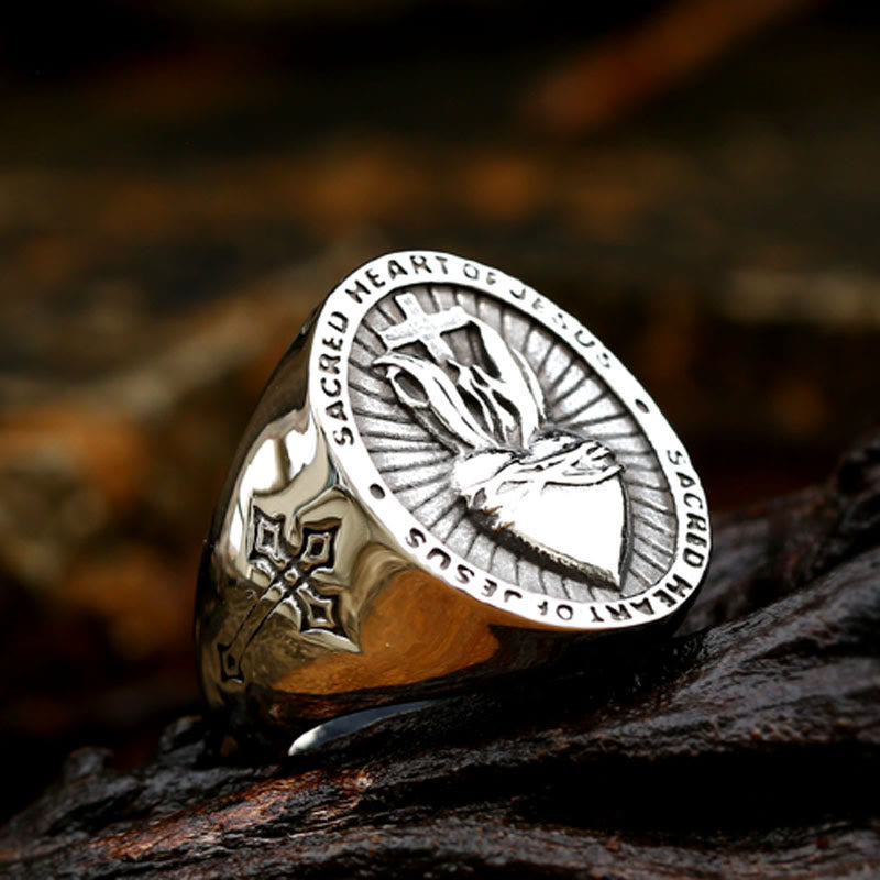 Christianartworkshop 3 Colors Sacred Heart Of Jesus Cross Faith Spirit Blessing Ring