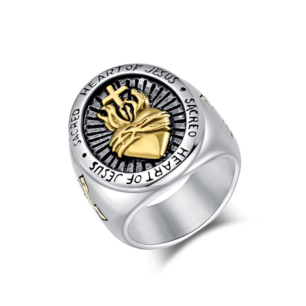 Christianartworkshop 3 Colors Sacred Heart Of Jesus Cross Faith Spirit Blessing Ring