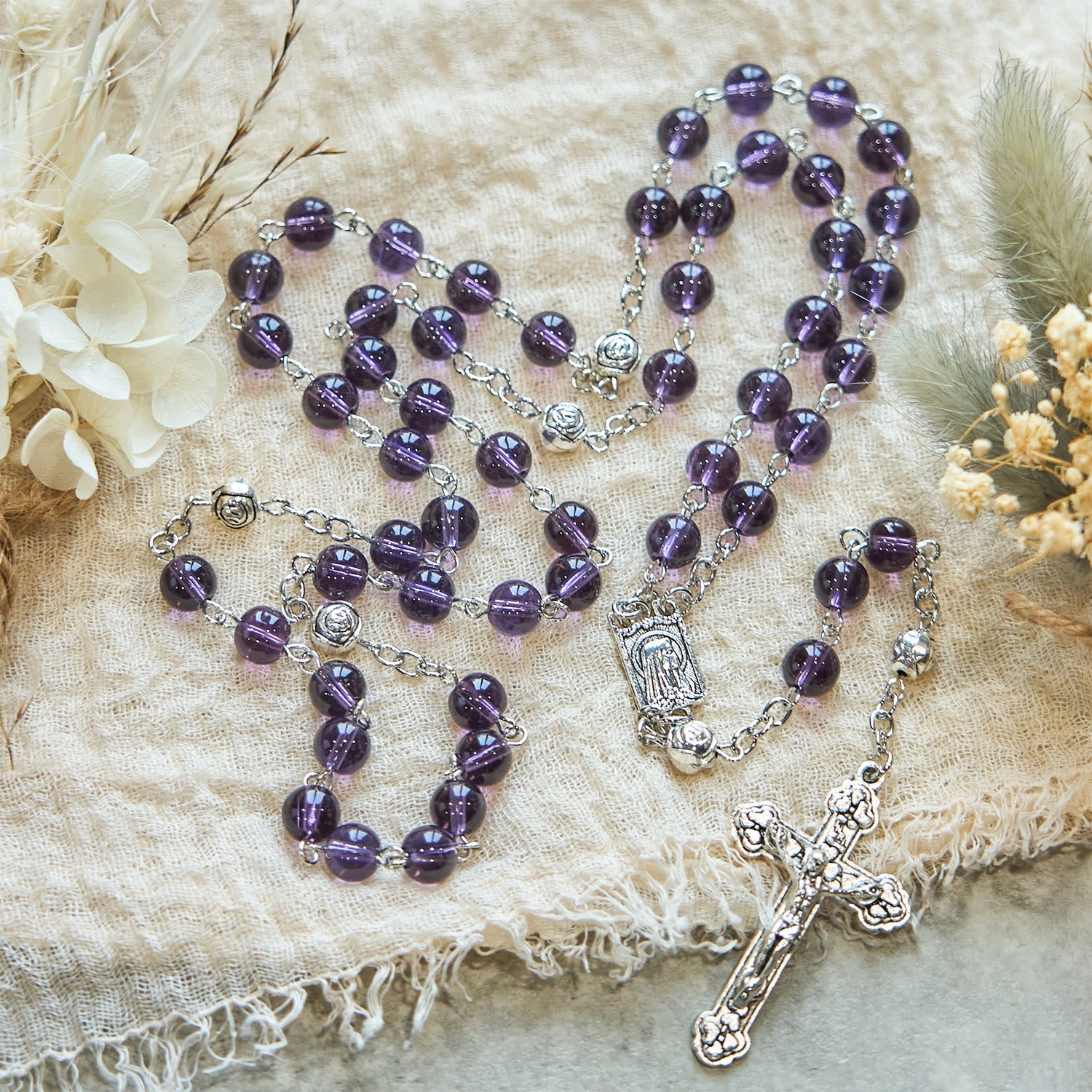 Christiandiscipleshop Clear Purple Glass Beads Devotion Rosary with Rose Our Father Beads