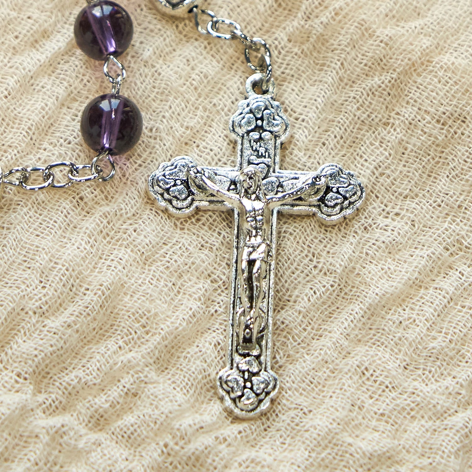 Christiandiscipleshop Clear Purple Glass Beads Devotion Rosary with Rose Our Father Beads