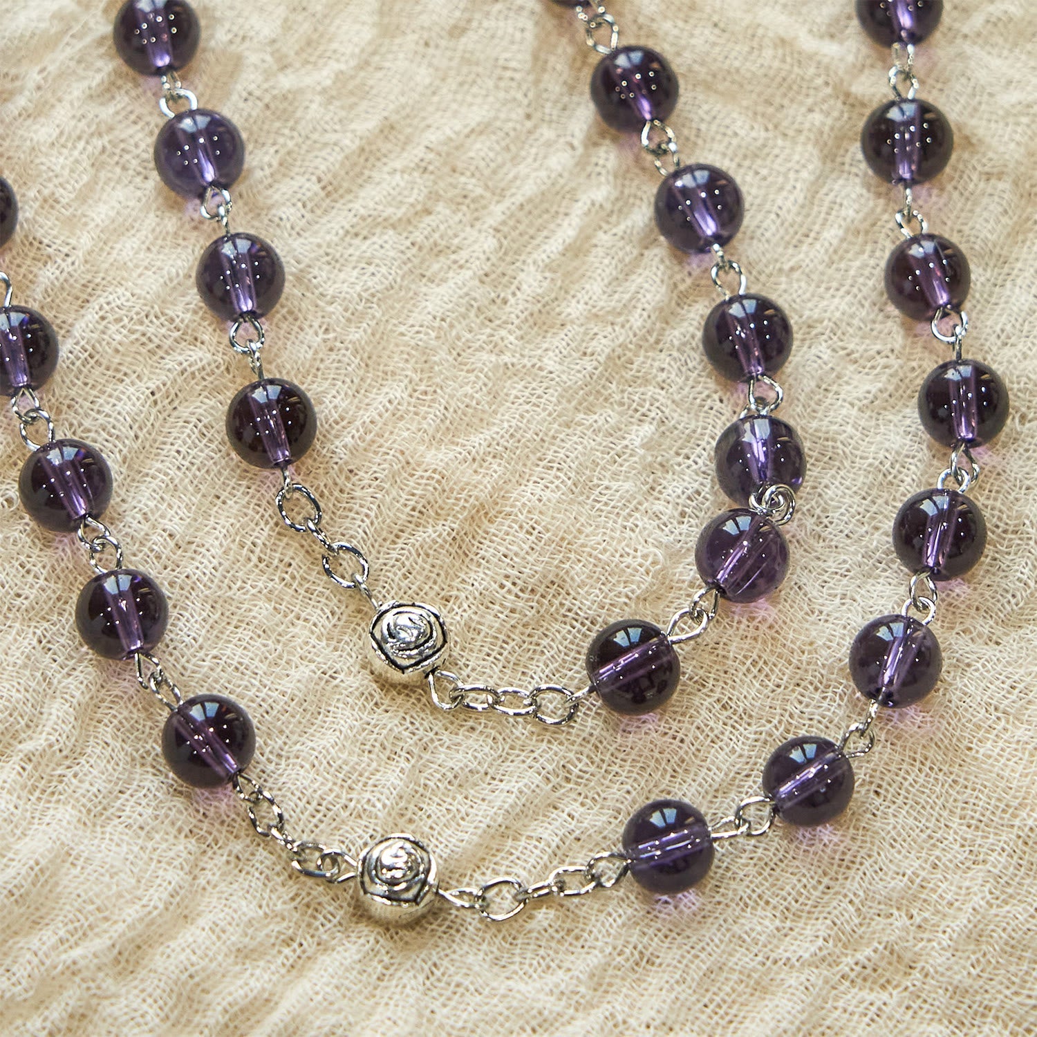 Christiandiscipleshop Clear Purple Glass Beads Devotion Rosary with Rose Our Father Beads