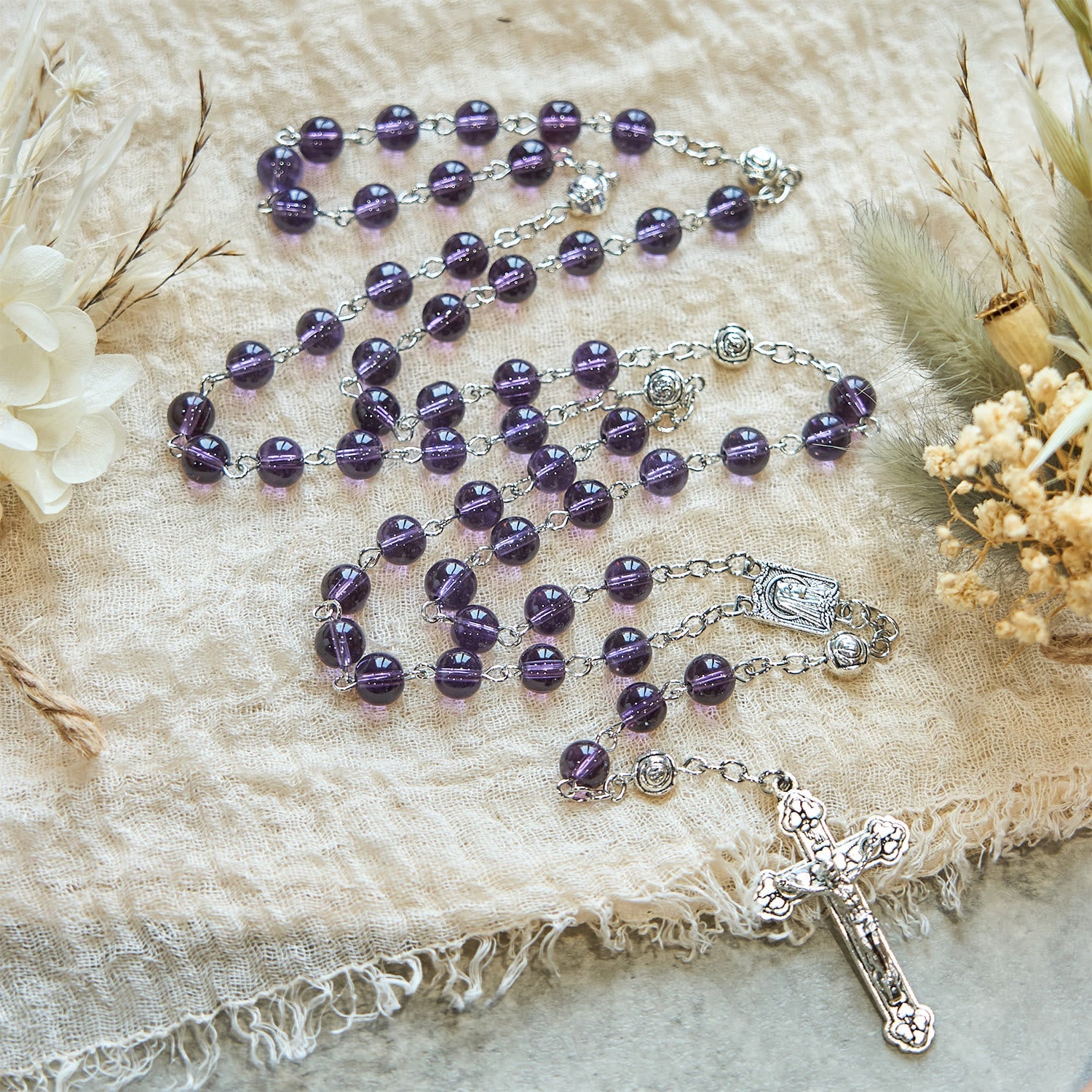 Christiandiscipleshop Clear Purple Glass Beads Devotion Rosary with Rose Our Father Beads
