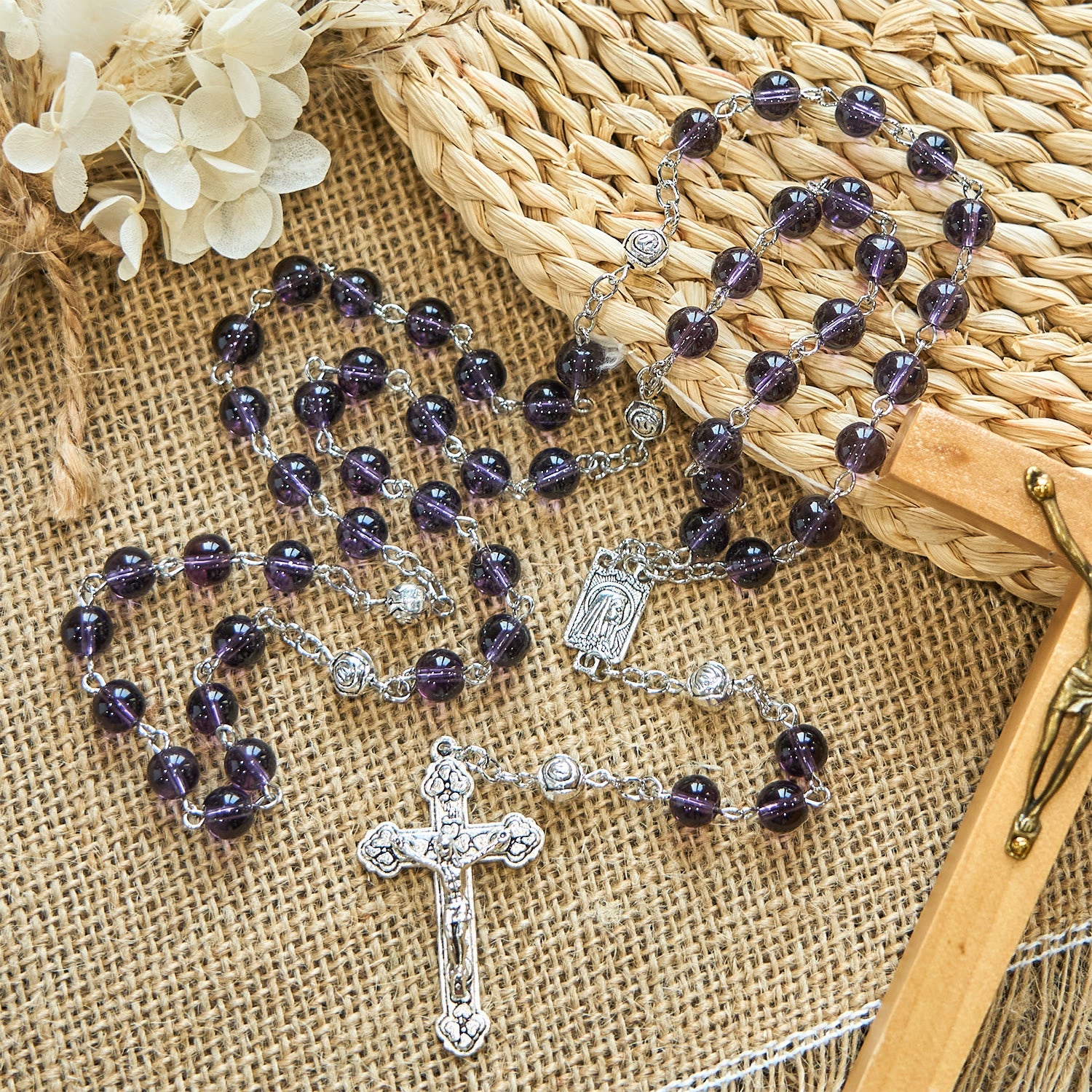 Christiandiscipleshop Clear Purple Glass Beads Devotion Rosary with Rose Our Father Beads