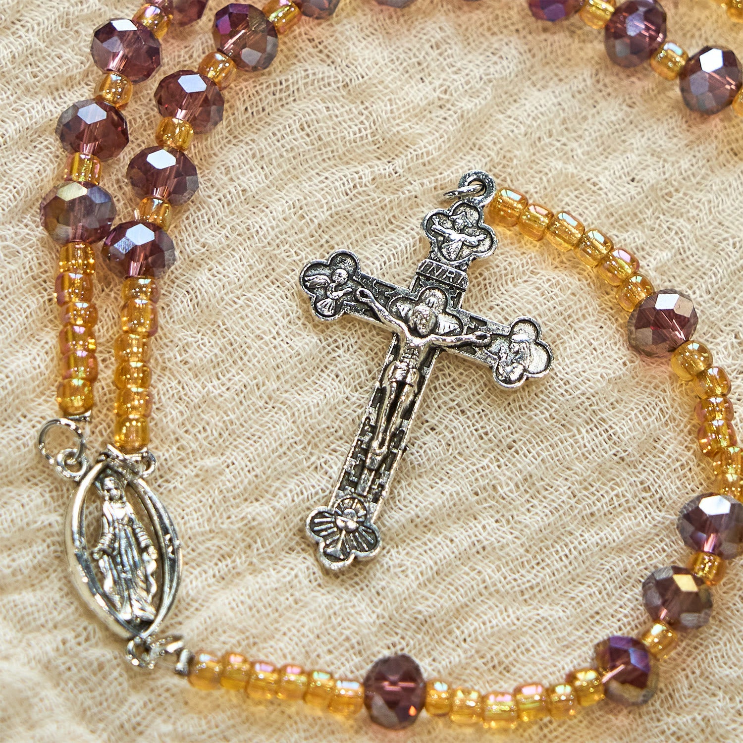 christiandiscipleshop Handmade Crucifix Purple Crystal & Glass Our Lady Beads Divine Grace Rosary