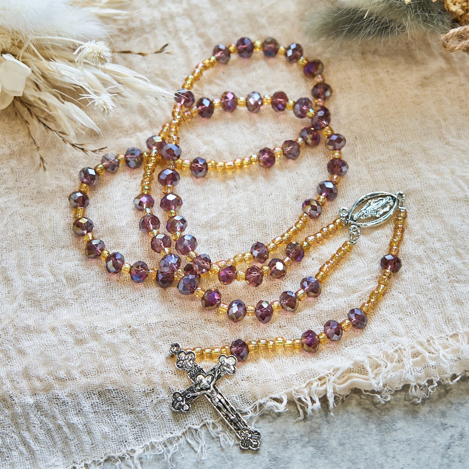 christiandiscipleshop Handmade Crucifix Purple Crystal & Glass Our Lady Beads Divine Grace Rosary