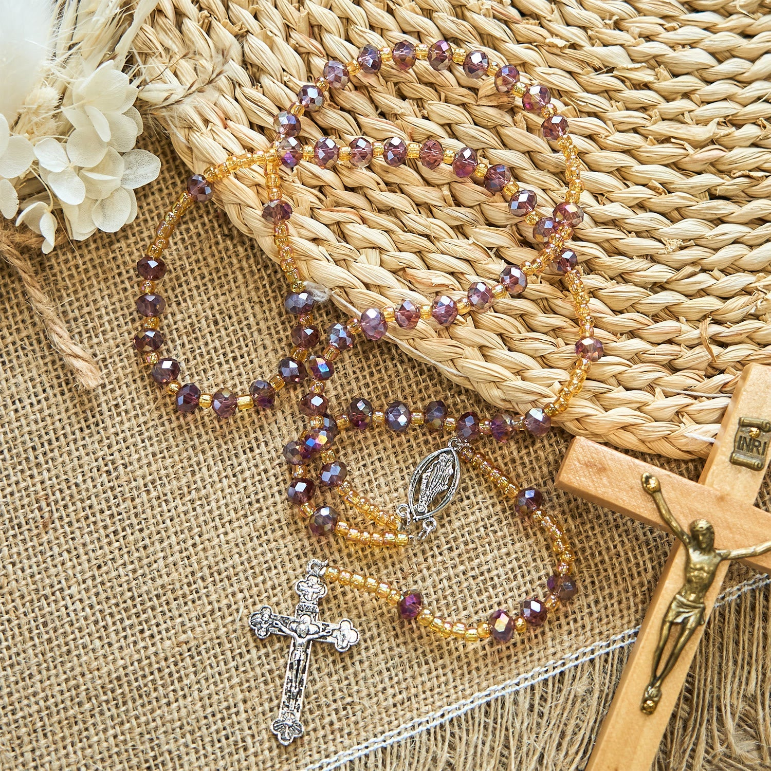FREE Today: Crucifix Purple Crystal & Glass Our Lady Beads Divine Grace Rosary