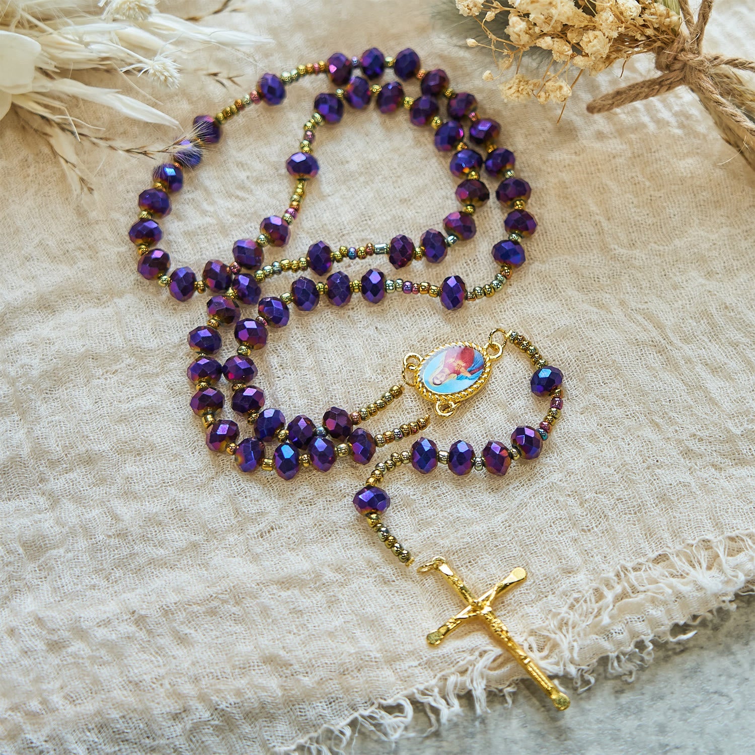 FREE Today: Our Lady Medal & Crucifix of 8mm Purple Glass & Crystal Beads Rosary