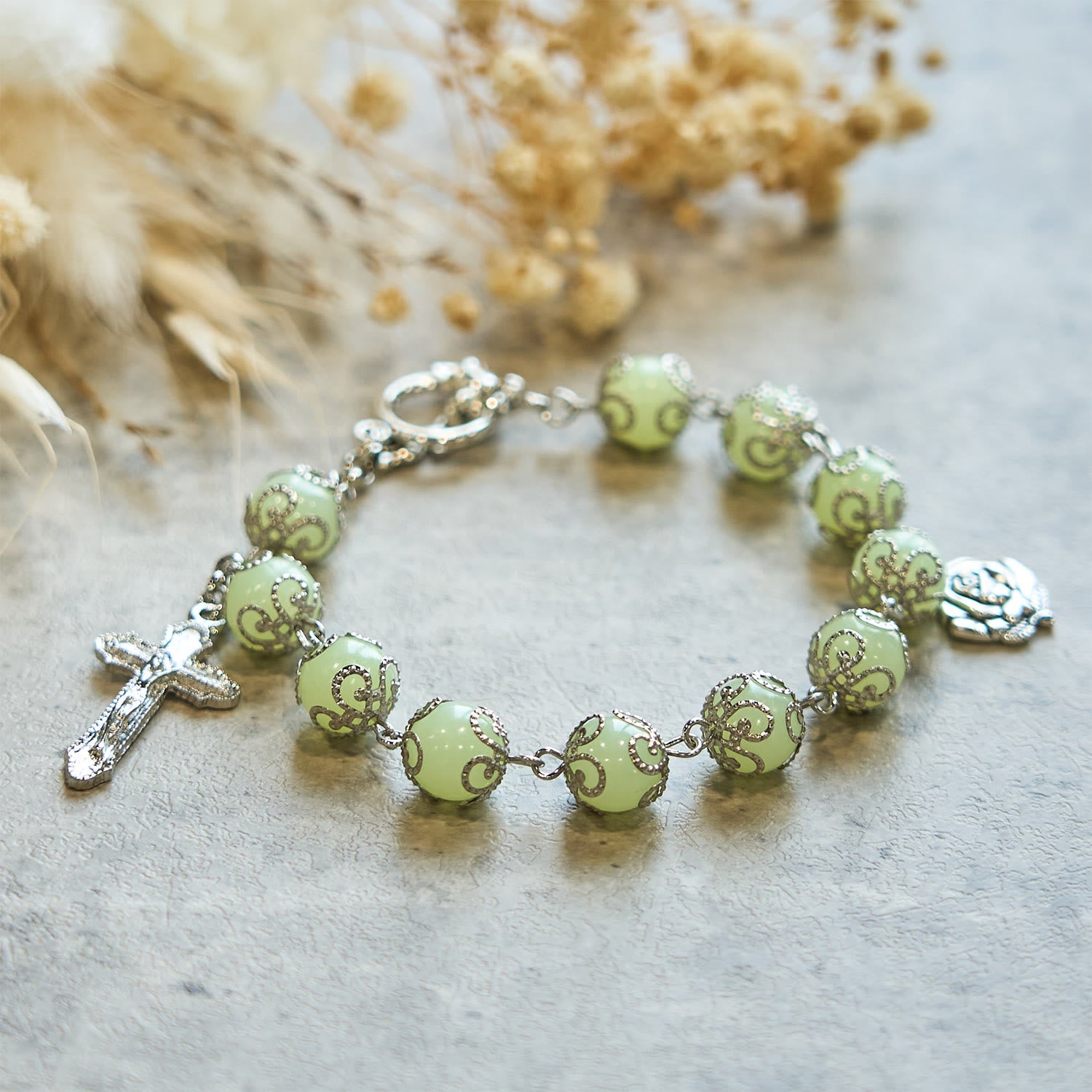 Christiandiscipleshop Green Beads Crucifix Rose Luminous Bracelet: Dreamy Light of Faith