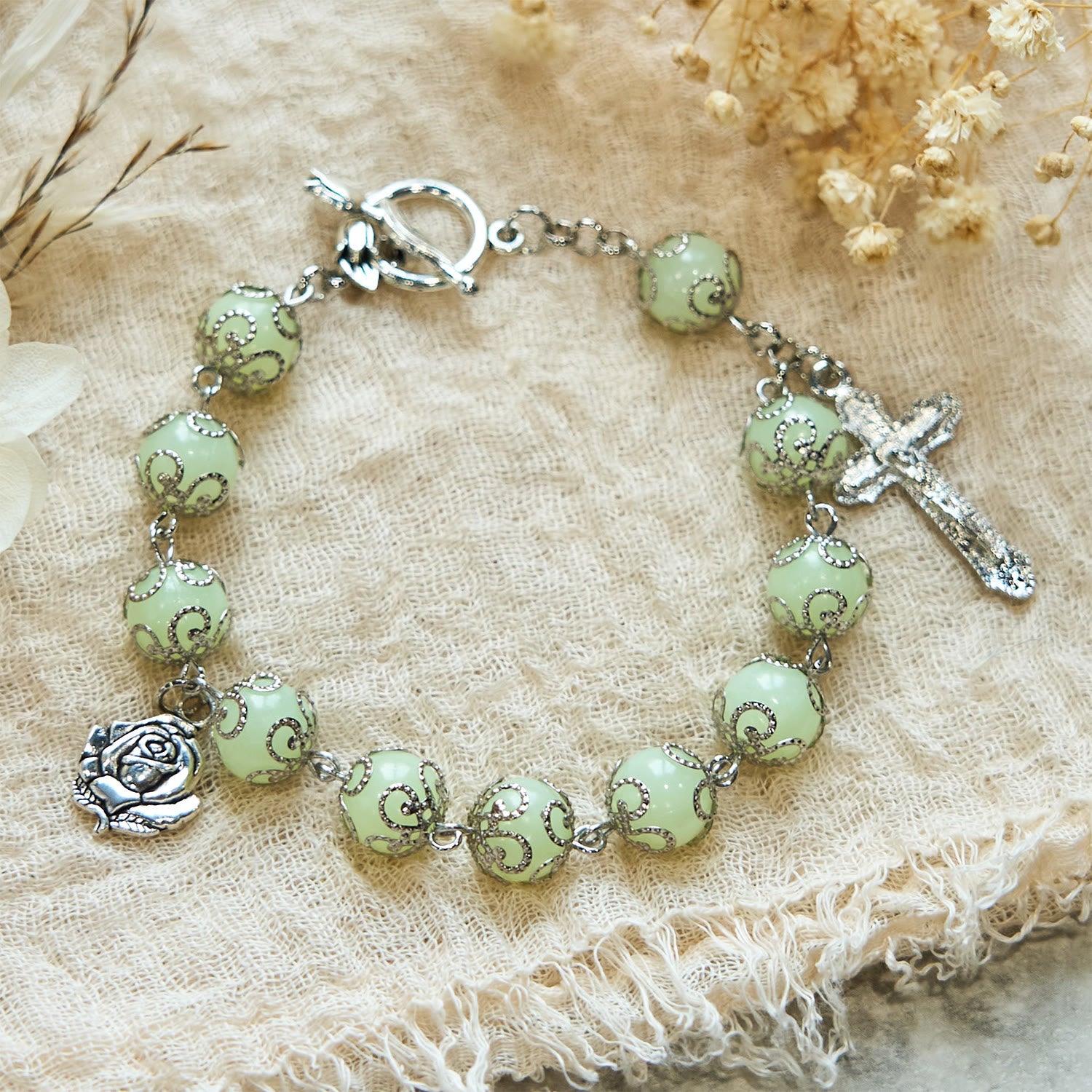 Christiandiscipleshop Green Beads Crucifix Rose Luminous Bracelet: Dreamy Light of Faith