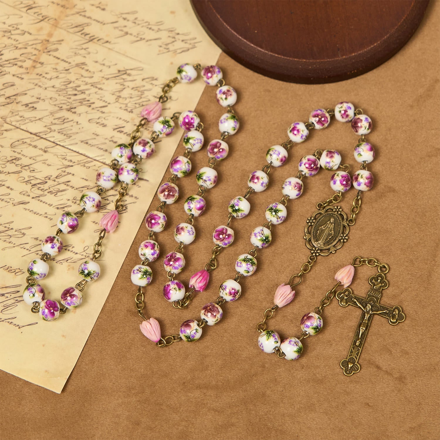 christiandiscipleshop Miraculous Medal & Crucifix of 8mm Ceramic Beads & Flower Resin Beads Handmade Rosary