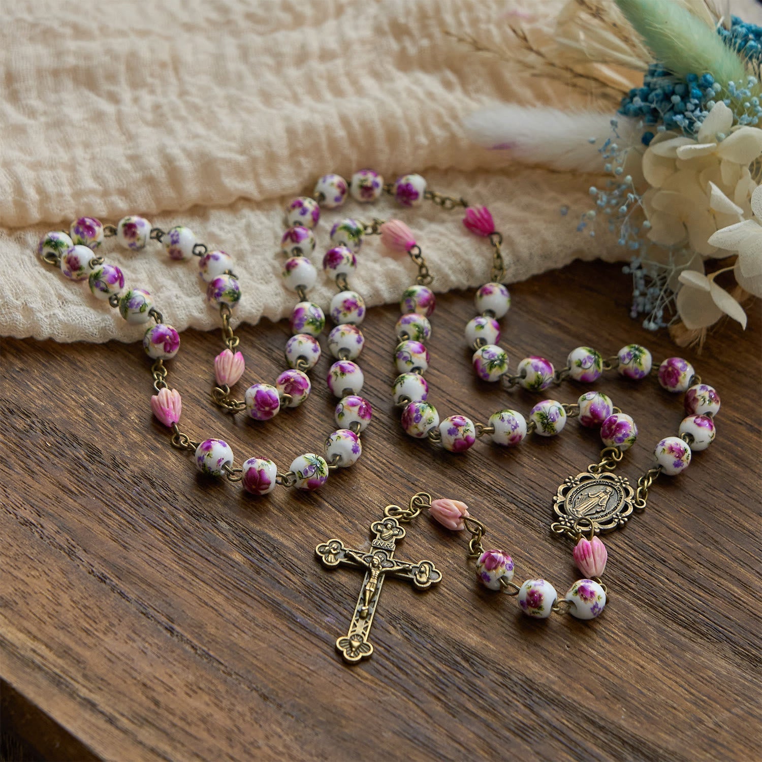 christiandiscipleshop Miraculous Medal & Crucifix of 8mm Ceramic Beads & Flower Resin Beads Handmade Rosary