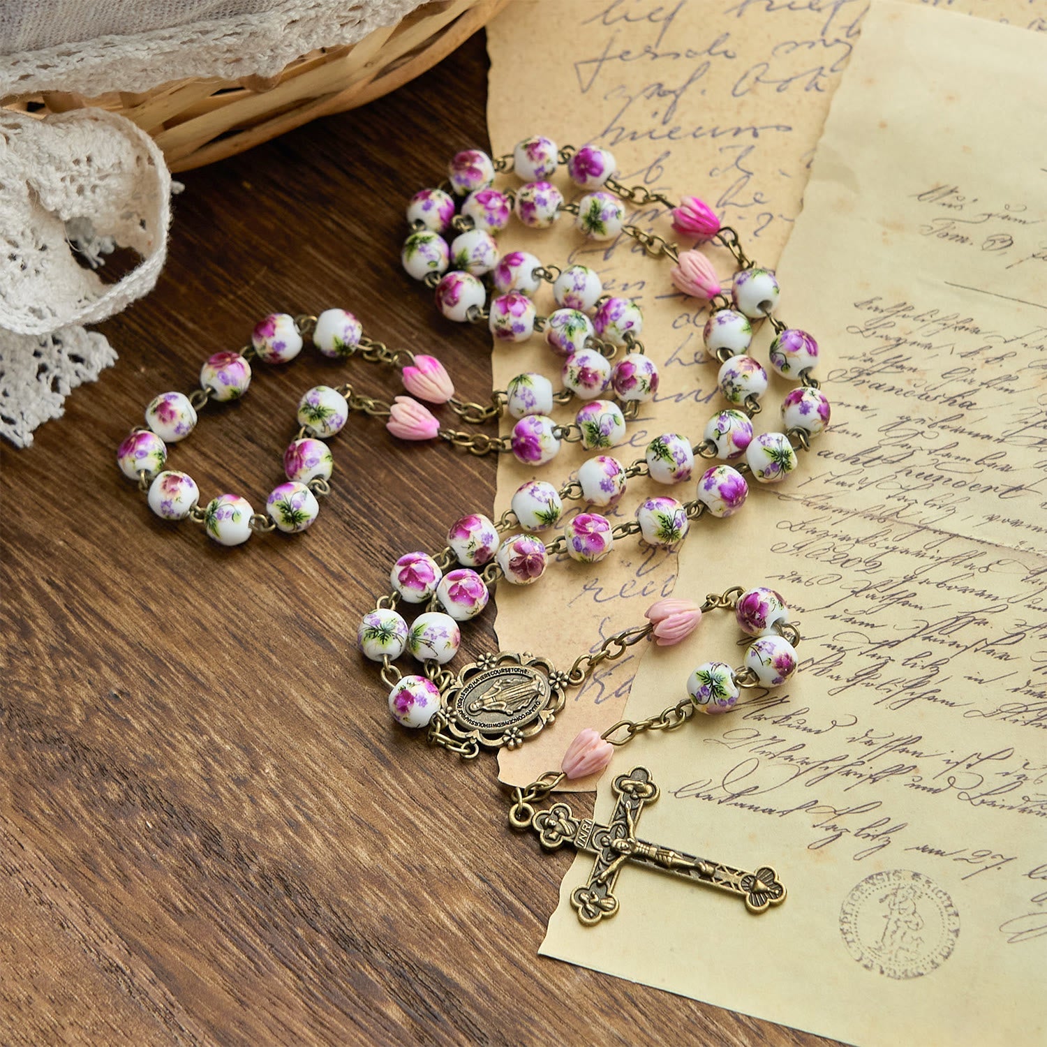 christiandiscipleshop Miraculous Medal & Crucifix of 8mm Ceramic Beads & Flower Resin Beads Handmade Rosary