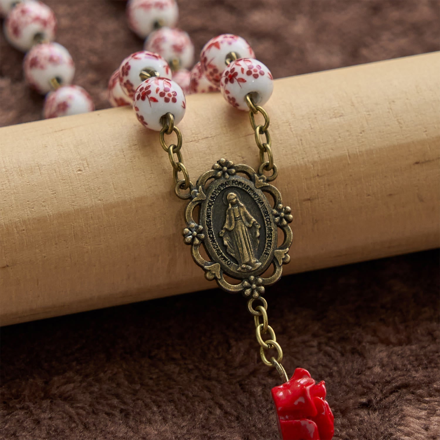 christiandiscipleshop Miraculous Medal & Crucifix of 8mm Ceramic Beads & Rose Cinnabar Beads Handmade Rosary