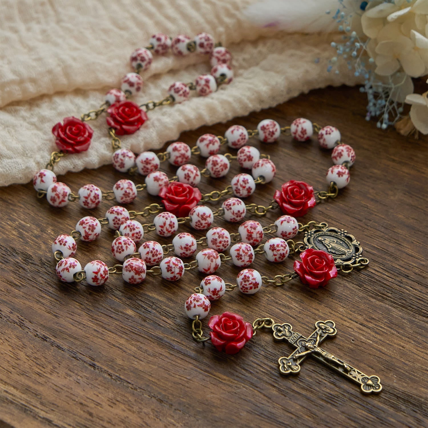 christiandiscipleshop Miraculous Medal & Crucifix of 8mm Ceramic Beads & Rose Cinnabar Beads Handmade Rosary