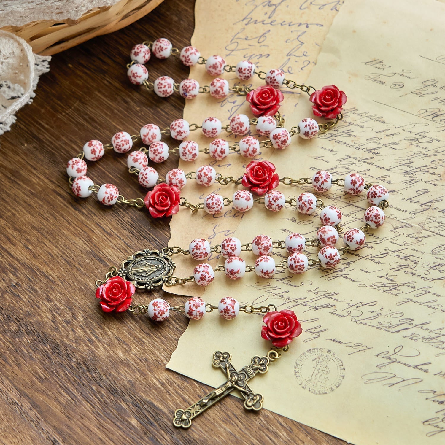 christiandiscipleshop Miraculous Medal & Crucifix of 8mm Ceramic Beads & Rose Cinnabar Beads Handmade Rosary