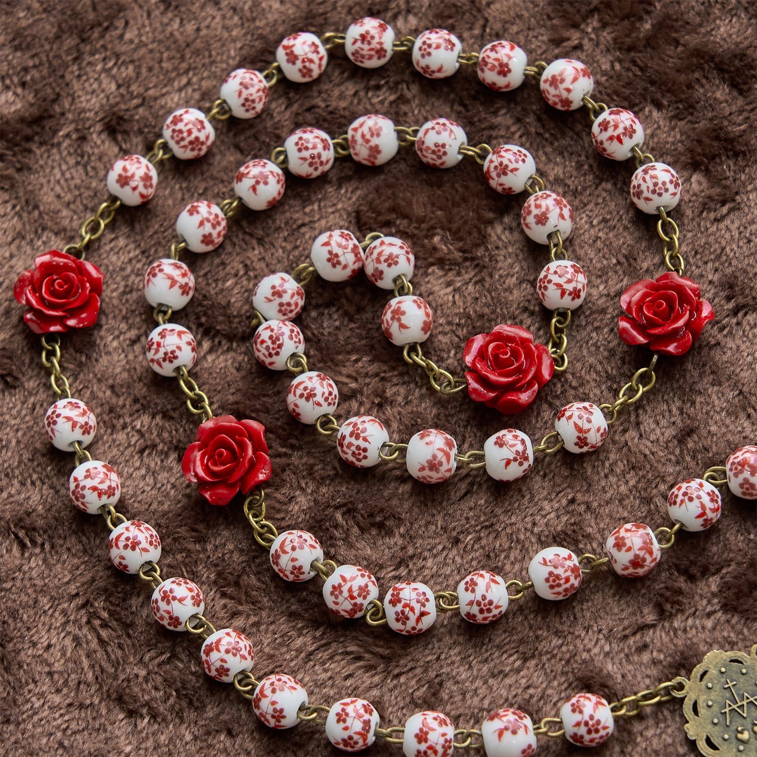 christiandiscipleshop Miraculous Medal & Crucifix of 8mm Ceramic Beads & Rose Cinnabar Beads Handmade Rosary
