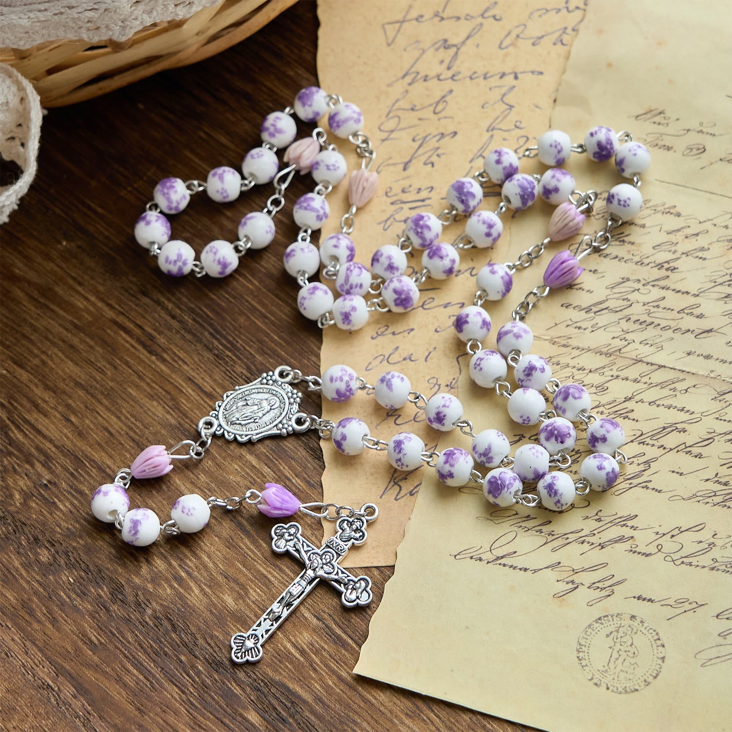 christiandiscipleshop Miraculous Medal & Crucifix of 8mm Ceramics Beads Handmade Rosary