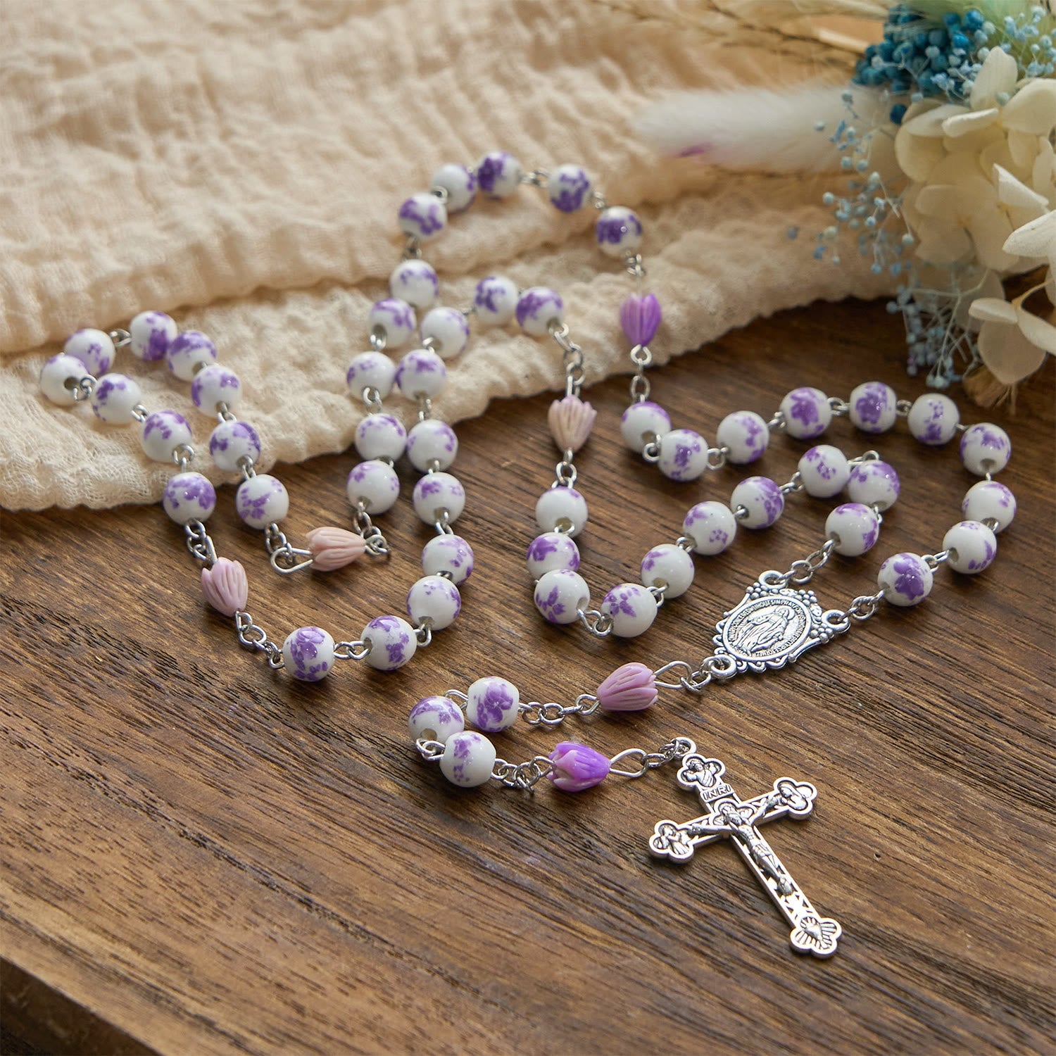 christiandiscipleshop Miraculous Medal & Crucifix of 8mm Ceramics Beads Handmade Rosary