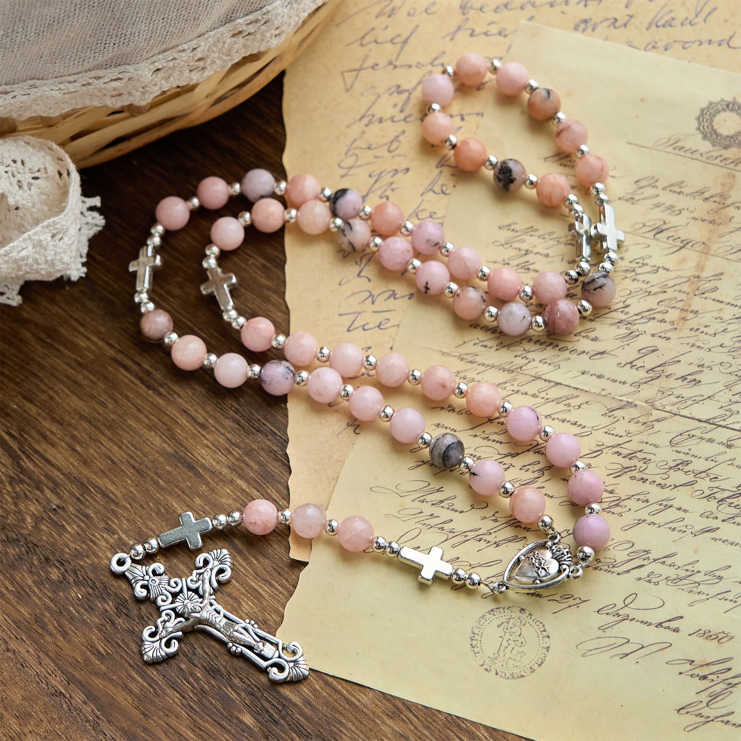 christiandiscipleshop Handmade Rosary with Pink Round Beads & Crucifix – A Floral Tribute to the Sacred Heart
