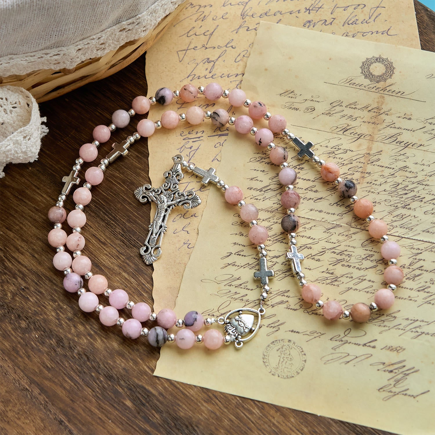 christiandiscipleshop Handmade Rosary with Pink Round Beads & Crucifix – A Floral Tribute to the Sacred Heart