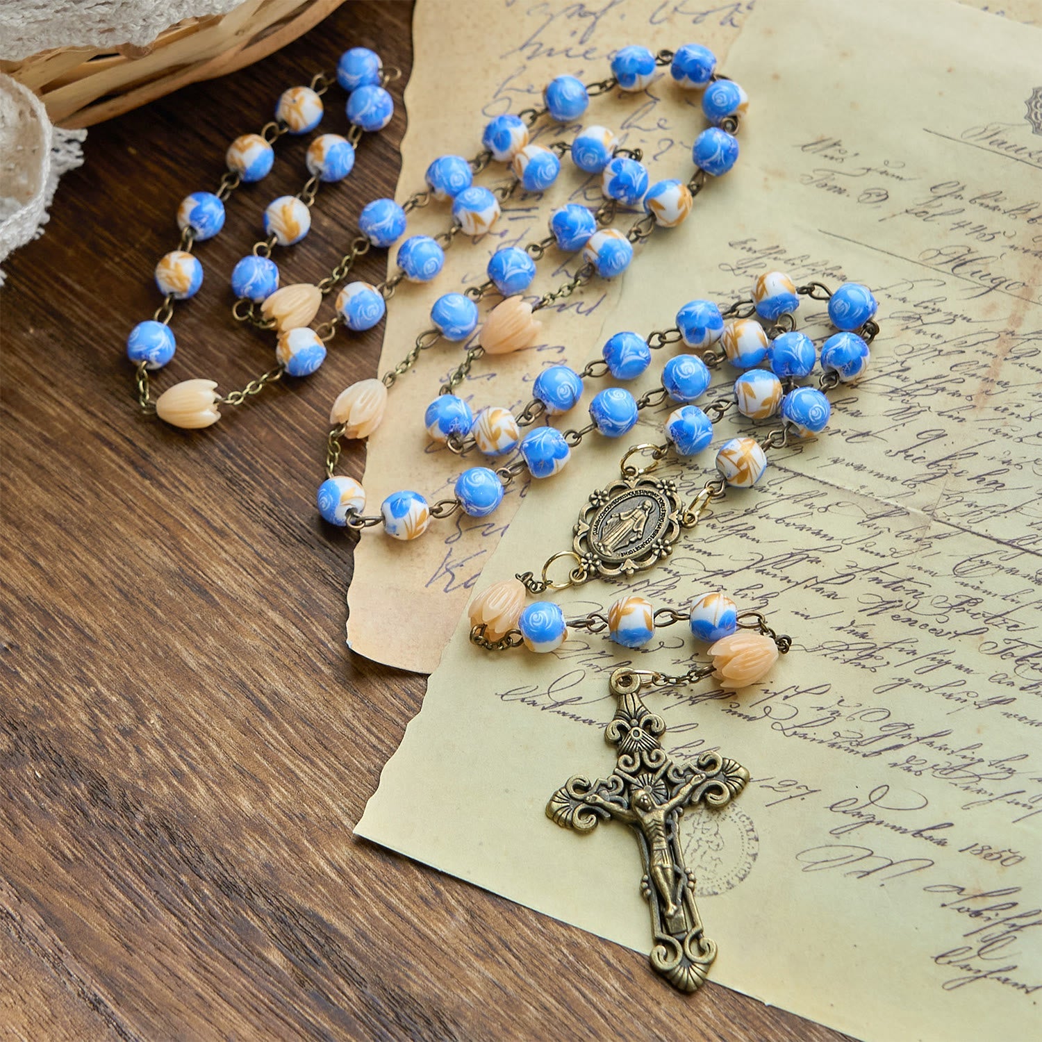 christiandiscipleshop Handmade Floral Rosary with Blue Rose Beads & Lily of Valley: A Peaceful Companion