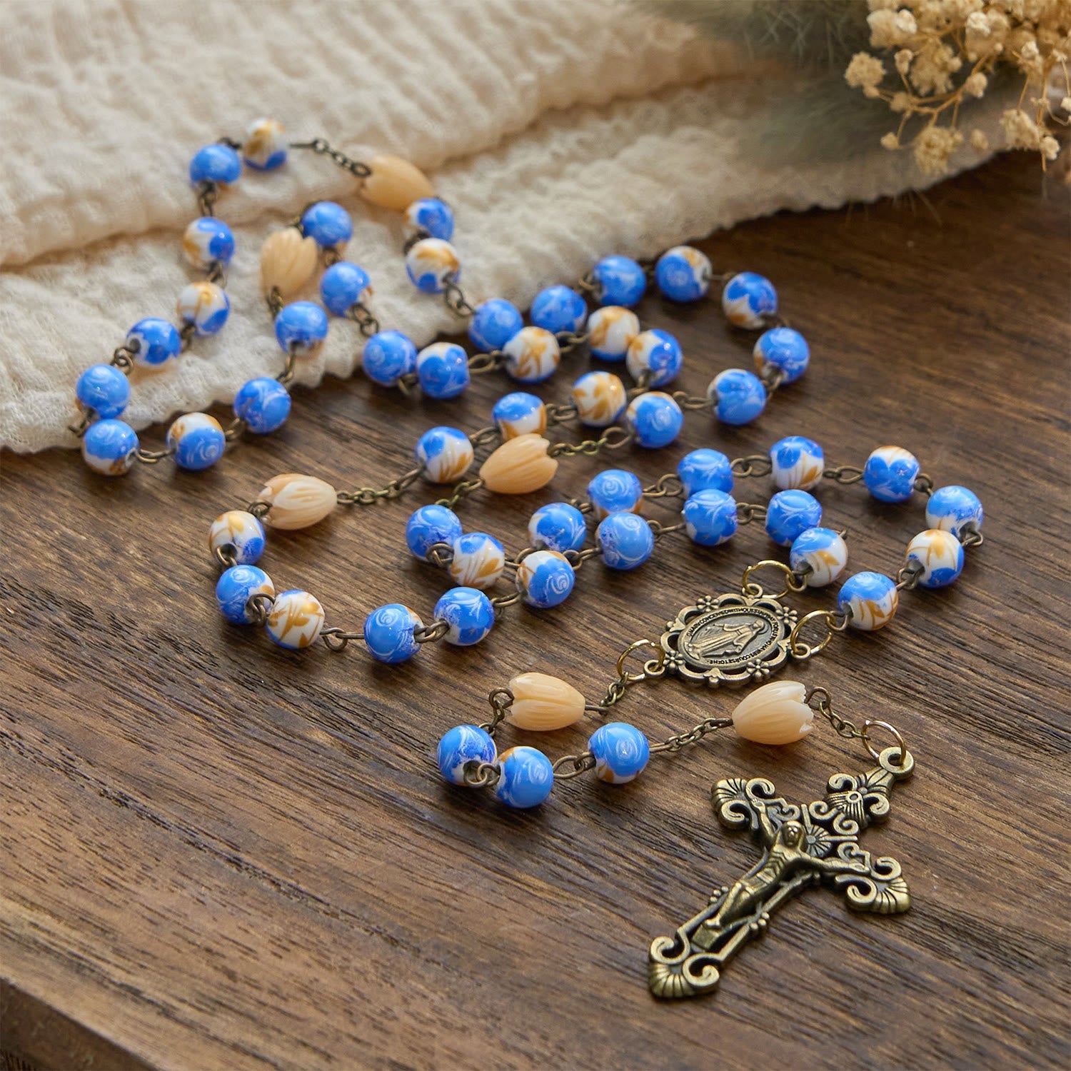 christiandiscipleshop Handmade Floral Rosary with Blue Rose Beads & Lily of Valley: A Peaceful Companion