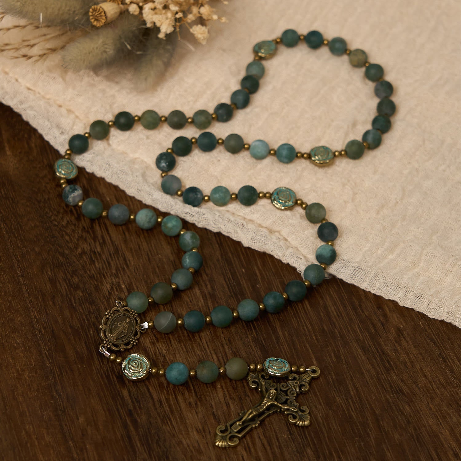 Christiandiscipleshop Green Agate Prayer Rosary with Bronze Rose Accents: A Sacred Journey of Healing and Faith