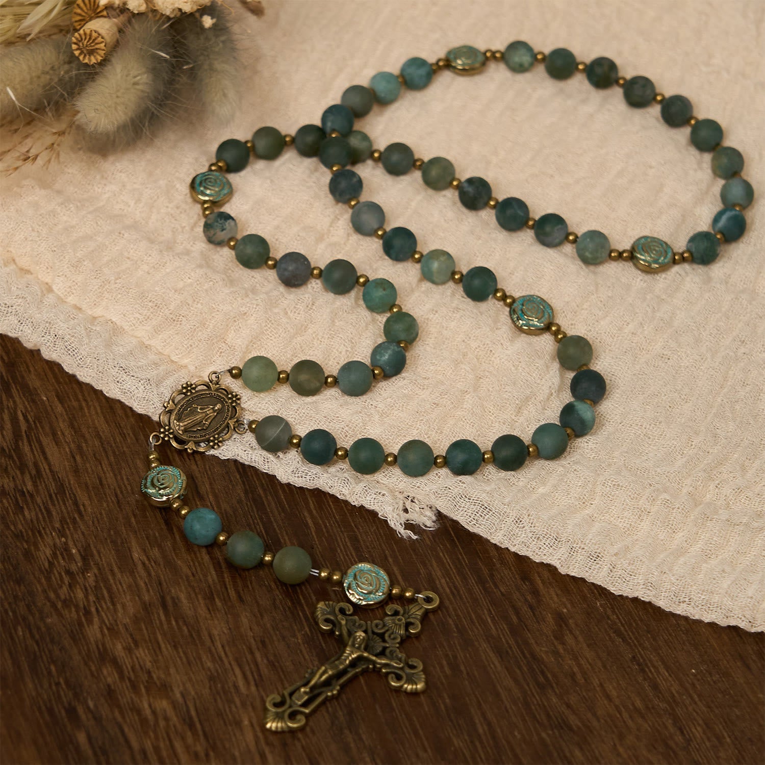 Christiandiscipleshop Green Agate Prayer Rosary with Bronze Rose Accents: A Sacred Journey of Healing and Faith