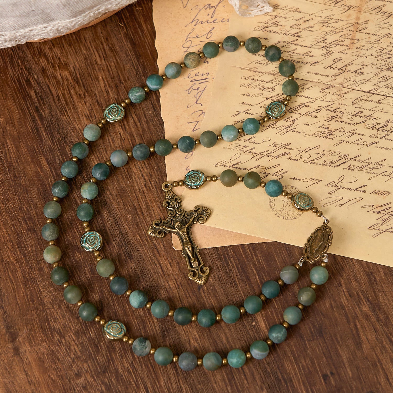 Christiandiscipleshop Green Agate Prayer Rosary with Bronze Rose Accents: A Sacred Journey of Healing and Faith