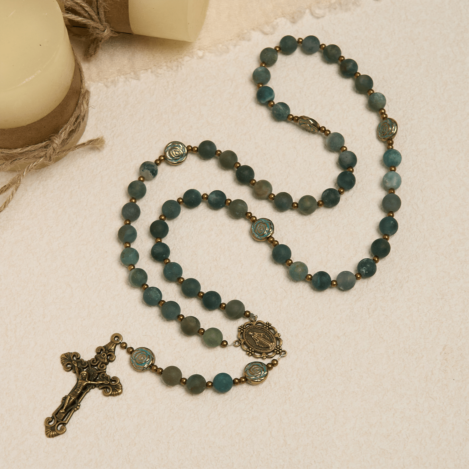 Christiandiscipleshop Green Agate Prayer Rosary with Bronze Rose Accents: A Sacred Journey of Healing and Faith