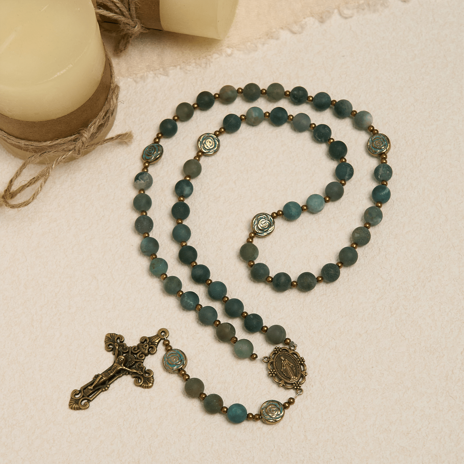 Christiandiscipleshop Green Agate Prayer Rosary with Bronze Rose Accents: A Sacred Journey of Healing and Faith