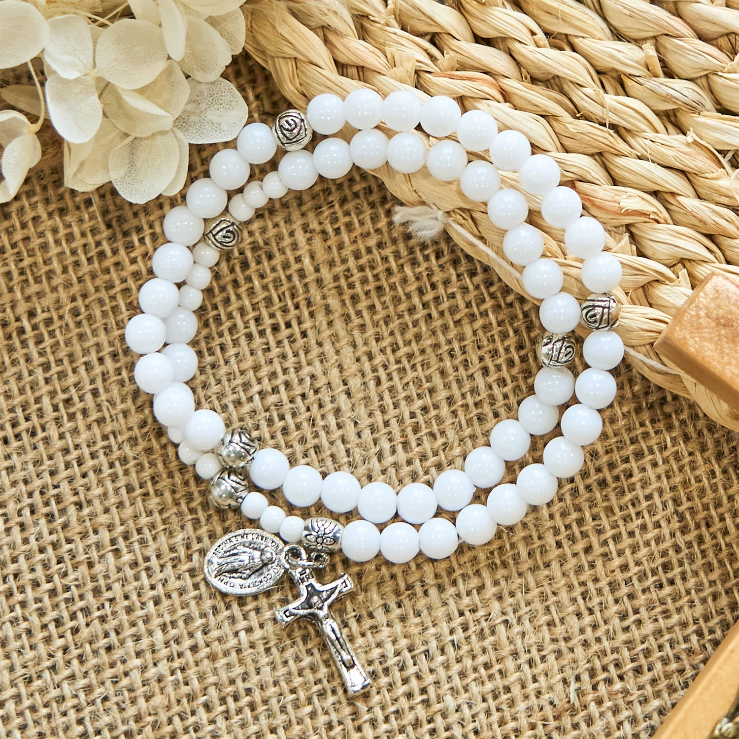 Christianartworkshop 6mm White Bead Miraculous Medal & Crucifix Rosary Bracelet: A Symbol of Faith
