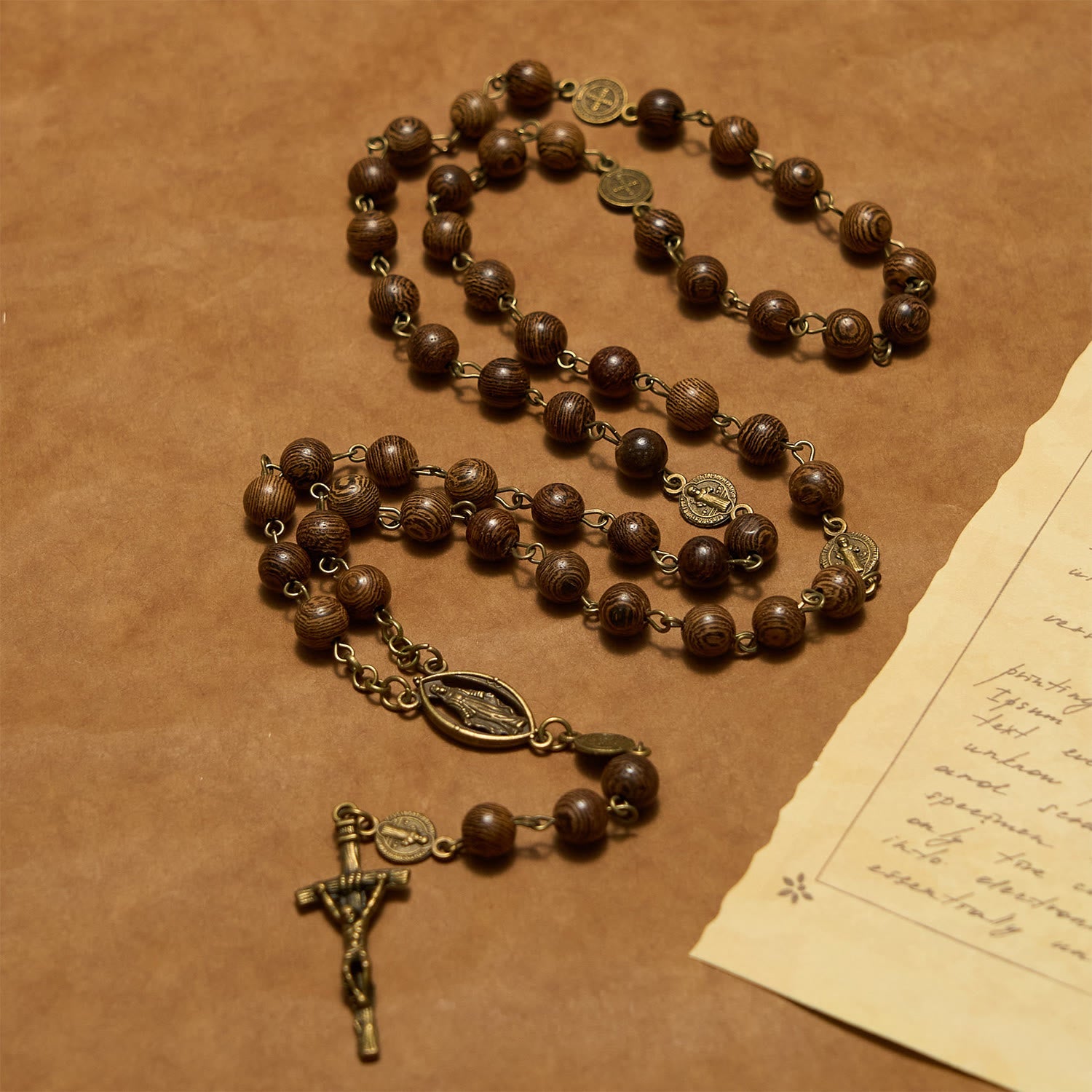 christiandiscipleshop Miraculous Medal & Crucifix St. Benedict Medal 8mm Wooden Beads Rosary