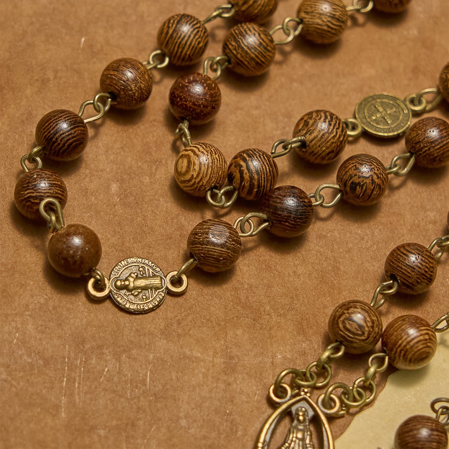 christiandiscipleshop Miraculous Medal & Crucifix St. Benedict Medal 8mm Wooden Beads Rosary