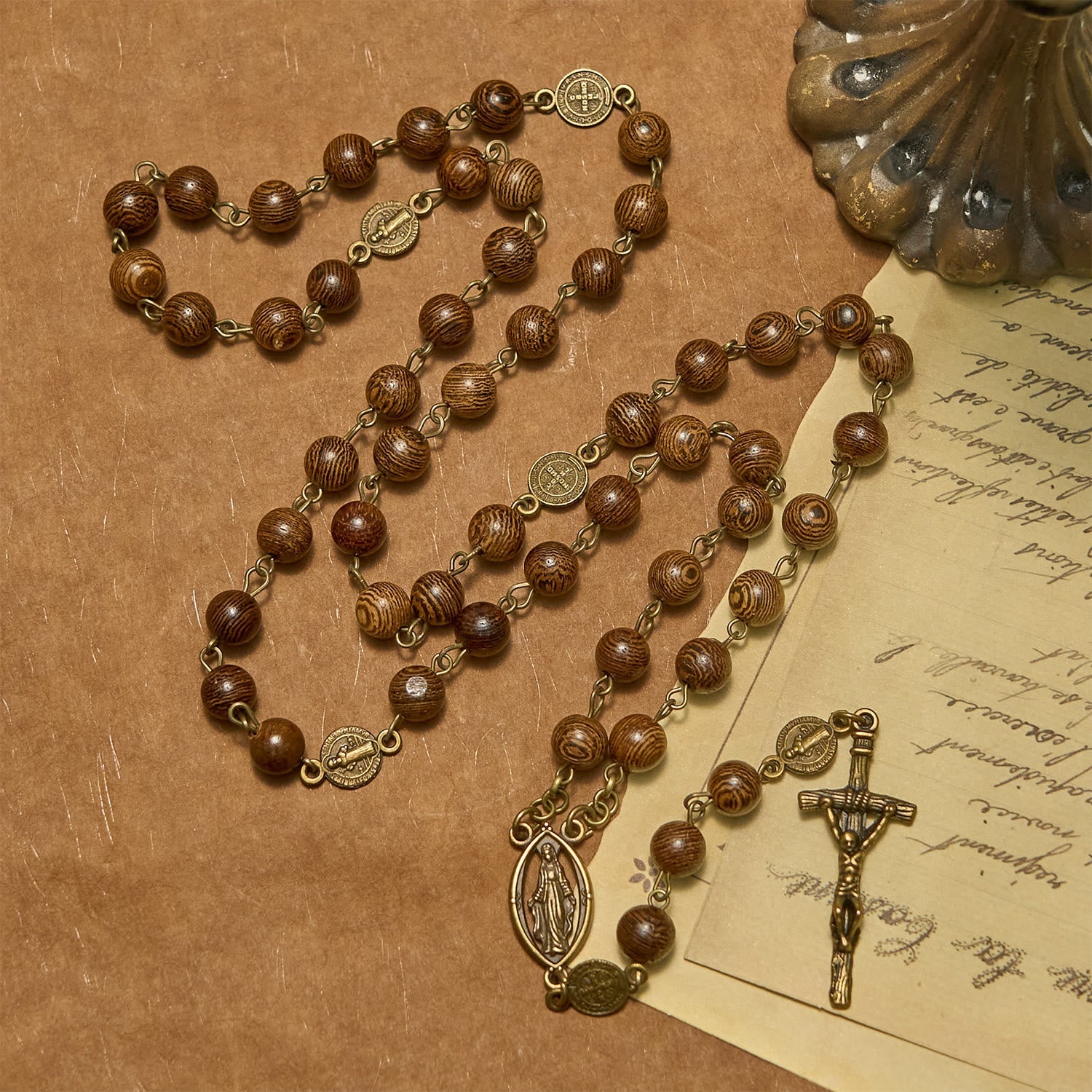 christiandiscipleshop Miraculous Medal & Crucifix St. Benedict Medal 8mm Wooden Beads Rosary