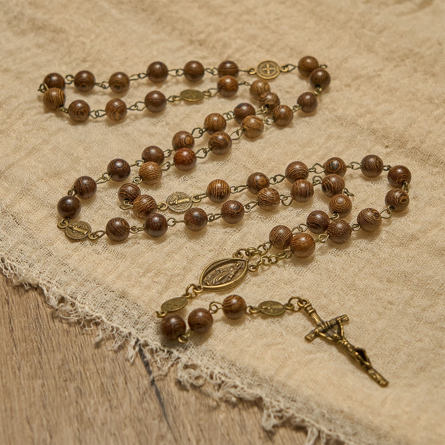 christiandiscipleshop Miraculous Medal & Crucifix St. Benedict Medal 8mm Wooden Beads Rosary