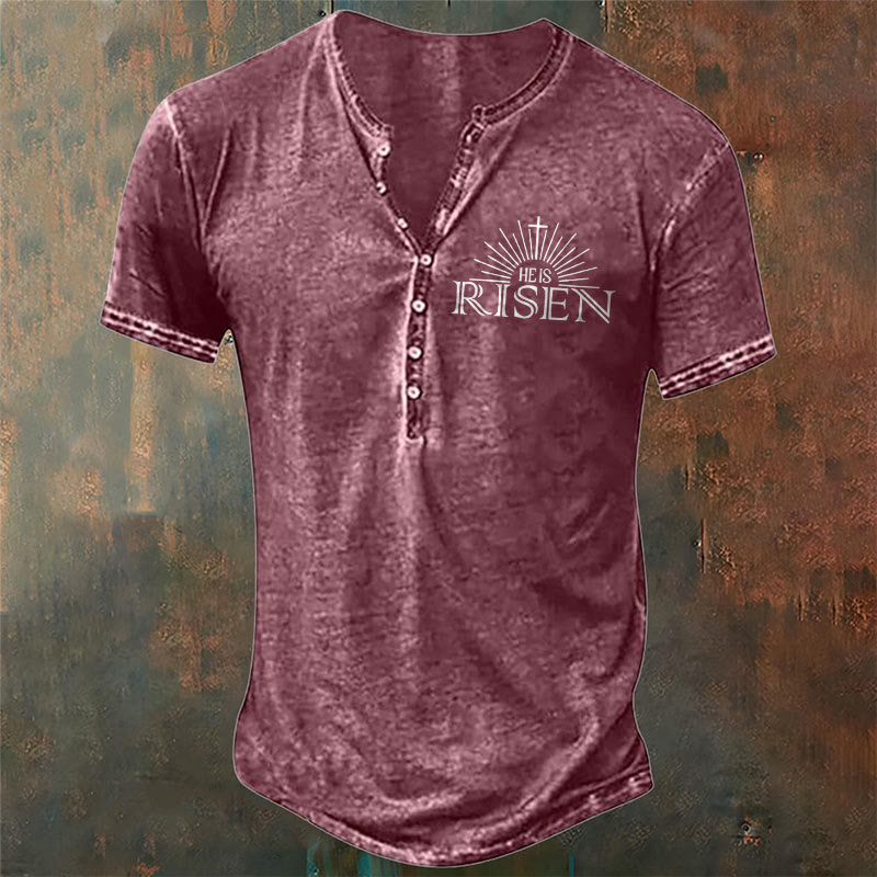christiandiscipleshop Men's Faith with 'He is Risen' Print Henley Neck T-Shirt