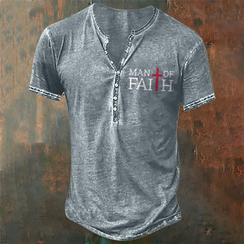 christiandiscipleshop Men's Faith with Red Cross Print Henley Neck T-Shirt