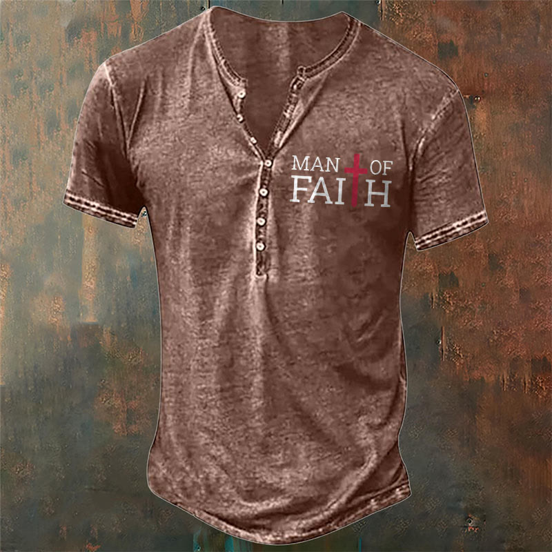 christiandiscipleshop Men's Faith with Red Cross Print Henley Neck T-Shirt