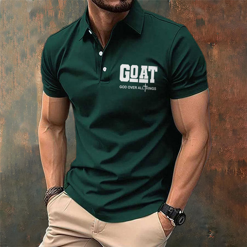 christiandiscipleshop Men's Retro Faith "Goat God Over All Things" Design Printed Polo Shirt