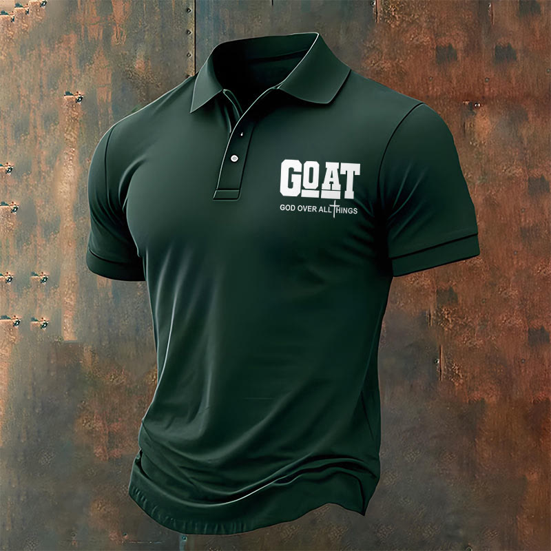 christiandiscipleshop Men's Retro Faith "Goat God Over All Things" Design Printed Polo Shirt
