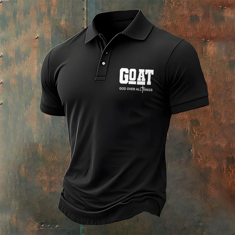 christiandiscipleshop Men's Retro Faith "Goat God Over All Things" Design Printed Polo Shirt