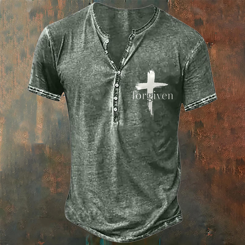 christiandiscipleshop Men's Faith Forgiven Print Henley Neck T-Shirt
