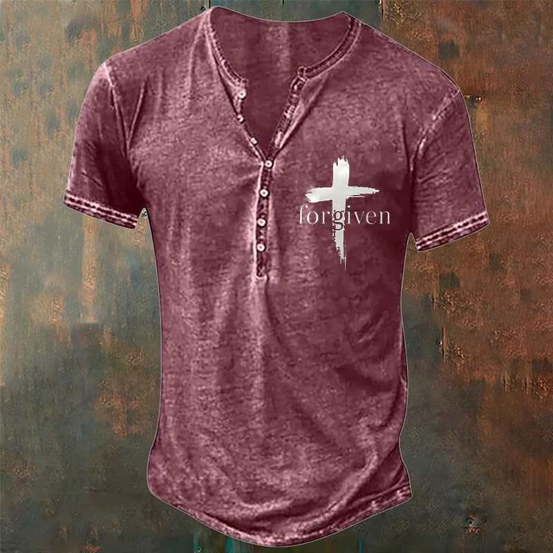 christiandiscipleshop Men's Faith Forgiven Print Henley Neck T-Shirt