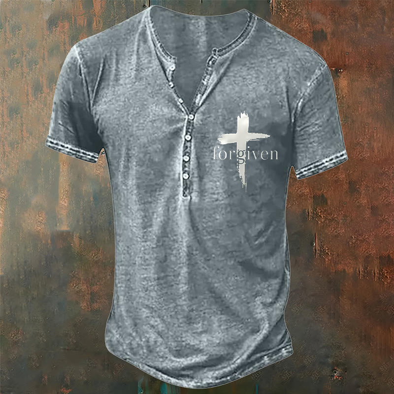 christiandiscipleshop Men's Faith Forgiven Print Henley Neck T-Shirt