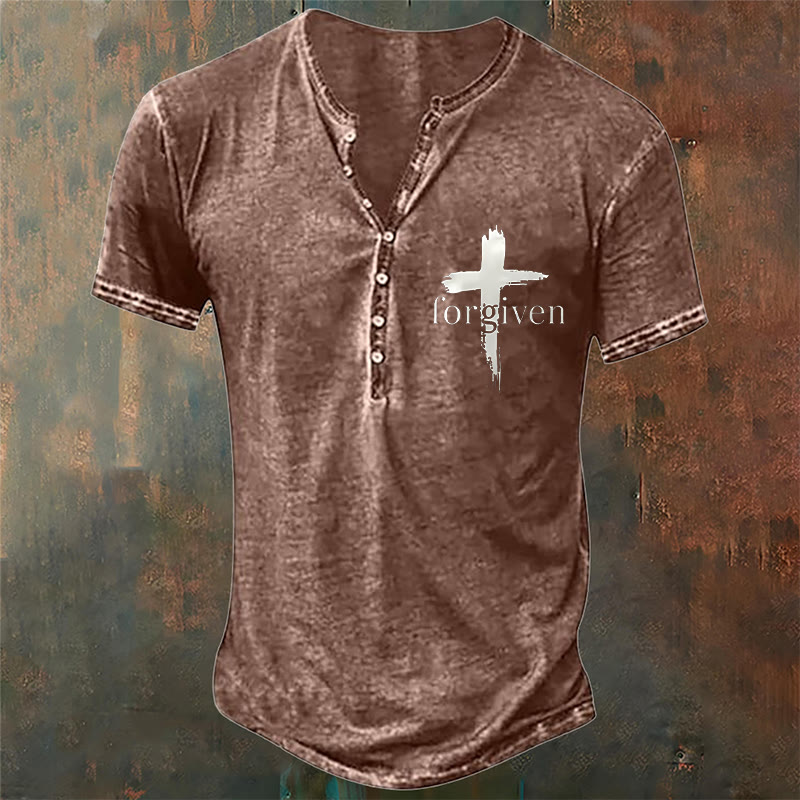 christiandiscipleshop Men's Faith Forgiven Print Henley Neck T-Shirt