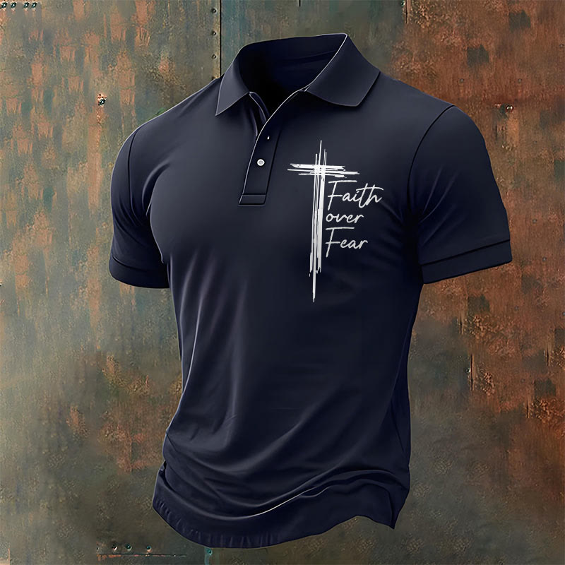 christiandiscipleshop Men's Retro Faith"Faith Over Fear"Casual Printed Polo Shirt