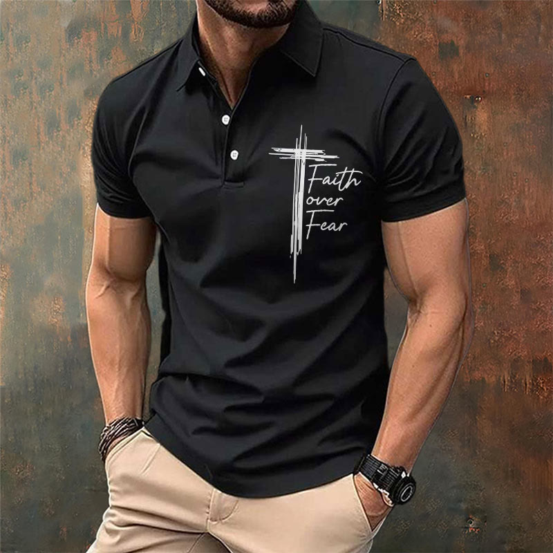 christiandiscipleshop Men's Retro Faith"Faith Over Fear"Casual Printed Polo Shirt