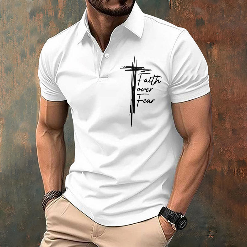 christiandiscipleshop Men's Retro Faith"Faith Over Fear"Casual Printed Polo Shirt