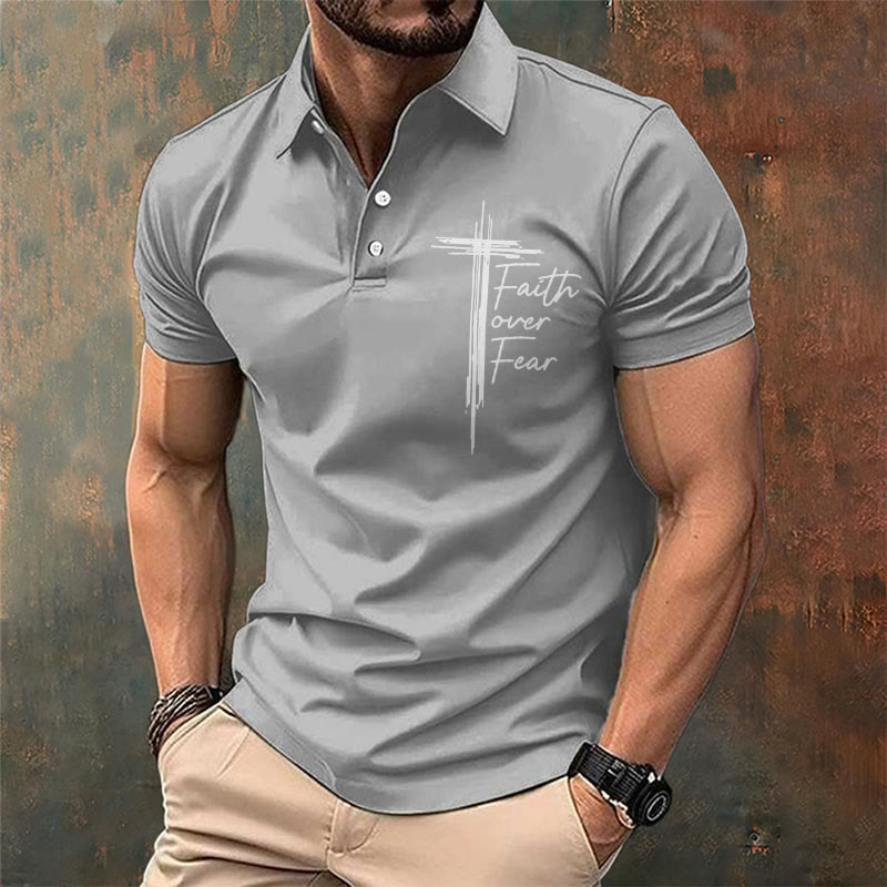 christiandiscipleshop Men's Retro Faith"Faith Over Fear"Casual Printed Polo Shirt